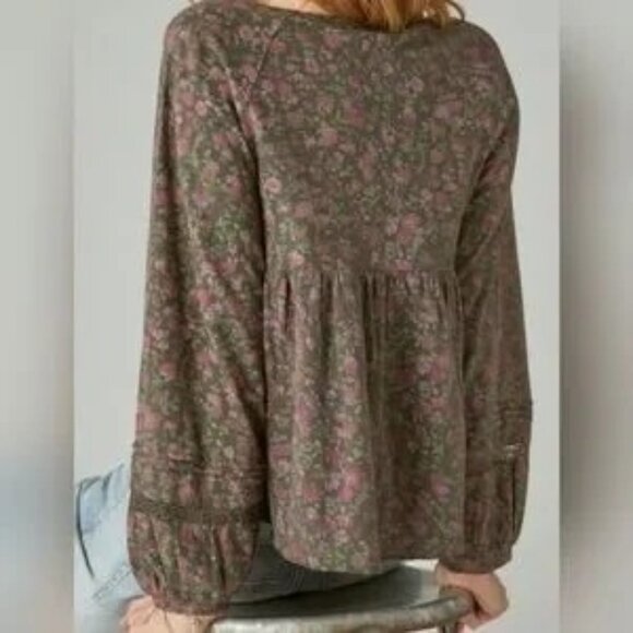 LUCKY BRAND Babydoll Top Sz L Black Pink Floral Textured Smock VNeck 100% Cotton - Picture 10 of 14